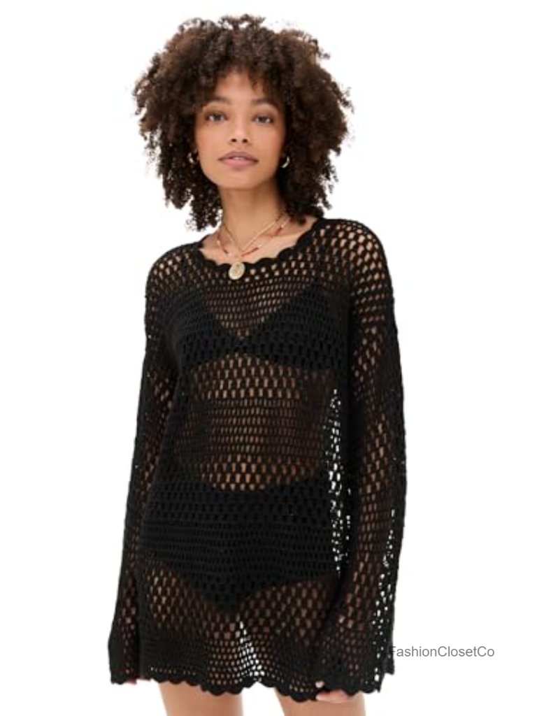 Crochet Pullover Sweater With Scalloped Trim - Loose Fit Crew Neck